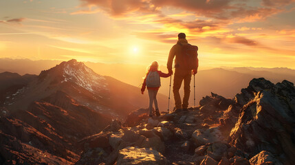 A father and his grown-up daughter hiking together in a rugged mountain landscape, reaching a breathtaking summit at sunset, proud and exhilarated