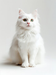 a white cat stands on isolated white background .
