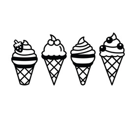 ice cream cone icons symbol vector design simple black white illustrations collections sets isolated