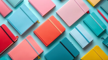 Aerial shot of a variety of colorful notebooks and bookmarks, with a clear area for text, isolated on a plain background, studio lighting