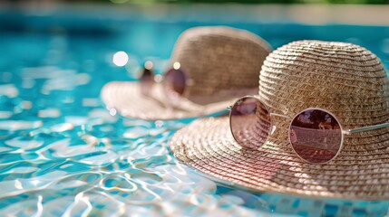 Chic hats and sunglasses set by the pool, close-up with generous space for text, designed for stylish summer product promotion