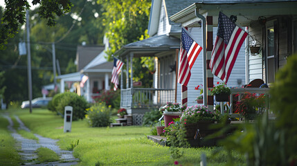 Flags on houses for 4th of July celebration, showcasing patriotic spirit and American pride in a suburban neighborhood.