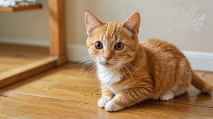 Cute Ginger Kitten on Wooden Floor