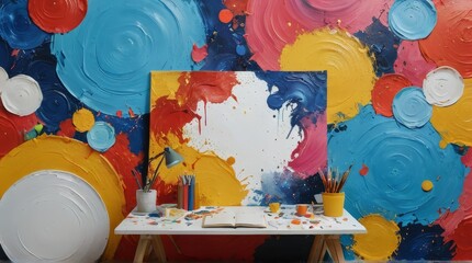 Art Studio Table with Colorful Abstract Background