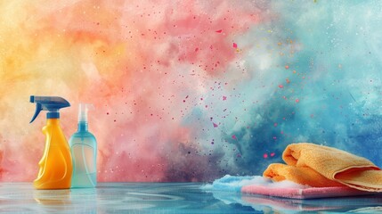Vibrant web banner of eco-friendly cleaning tools, featuring a spray bottle and microfiber cloths, watercolor background, space for text, isolated background, studio lighting