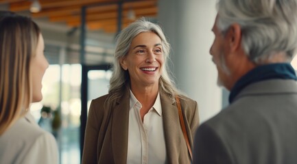 Obraz premium a happy middle-aged woman wearing casual business attire, talking to two other colleagues at an office meeting room. her facial expressions showing friendliness and confidence. generative AI