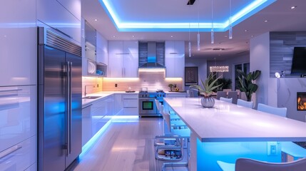 Ultra-modern kitchen with glossy white countertops, smart refrigerator, touch-screen stove, integrated lighting, minimalistic style