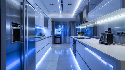 Ultra-modern kitchen with glossy white countertops, smart refrigerator, touch-screen stove, integrated lighting, minimalistic style