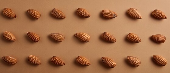 Top view of almonds in a grid pattern on a brown isolated background, even studio lighting ensuring each almond is clearly visible
