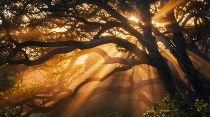 landscapes of soft sunlight filtering through tree branches in the morning