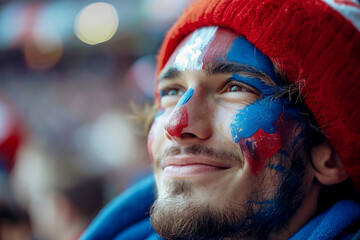 A joyful French man with his face painted in the blue white and red colors of the France flag, cheering at a football match, with a blurred stadium background. AI Generative