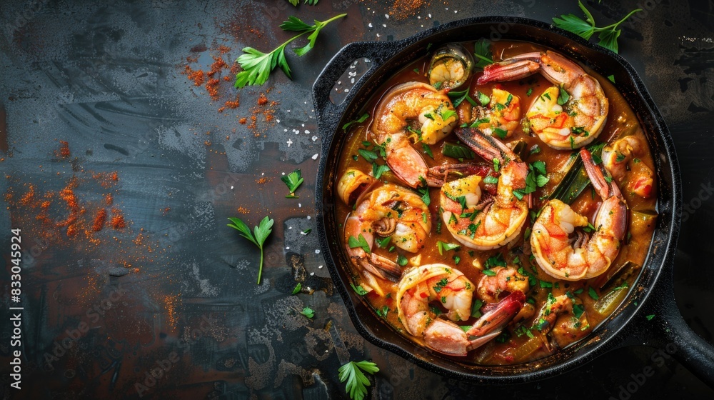 Wall mural Moqueca fish and shrimp, a traditional dish of Brazilian cuisine. Stewed fish with shrimps, cooked in a delicious rich and aromatic broth. On a dark background. - Wall murals