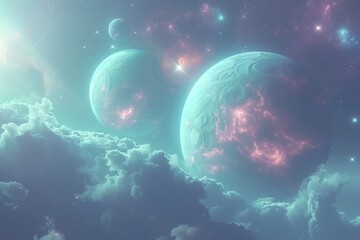 Dreamy space exploration image of pastelcolored planets and stars in a 3Drendered galaxy, focus on, cosmic fantasy theme, ethereal, Composite, outer space