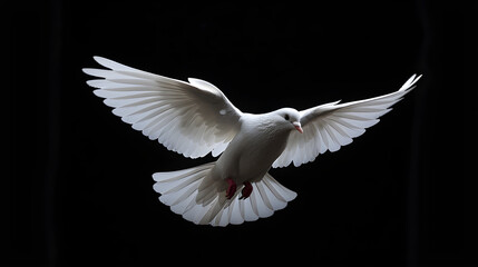Fototapeta premium White dove flying in freedom on international day of peace concept. Isolated on black background with clipping path for easy use.
