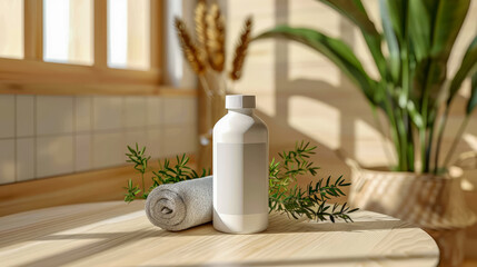 Mockup bottle of white dietary supplements, vitamins, sleeping pills,  on backdrop of cozy bathroom. Warm, muted tones  envelop bottle, creating comforting atmosphere of relaxation, tranquility.