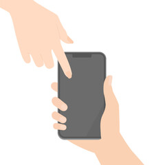 黒い画面のスマートフォンを持っている人と指をさしている人の手 - スマホの使いかた説明のイメージ素材