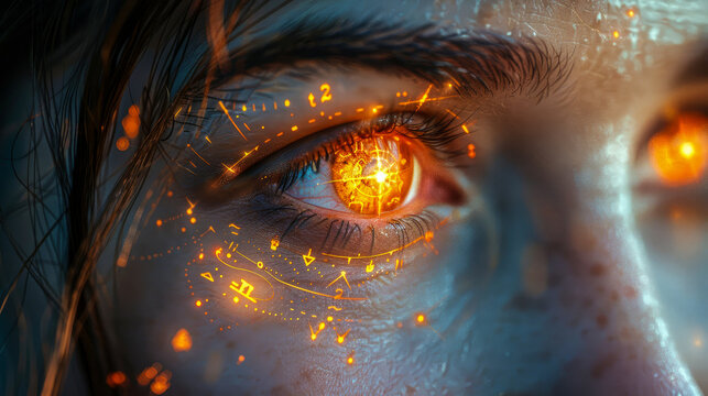 Close-up of beautiful and mysterious eye surrounded by glowing numerological symbols, geometric shapes. Fascinating appearance, and symbols and figures create sense of ancient wisdom and mysticism.