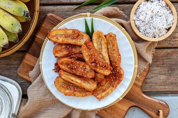 Thai fried banana, banana fritters, top view food table