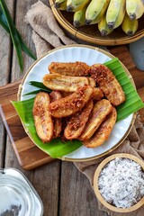 Thai fried banana, banana fritters, top view food table