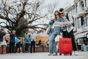 A young man and woman, tourists, closely examine a map while carrying a camera and luggage in a...