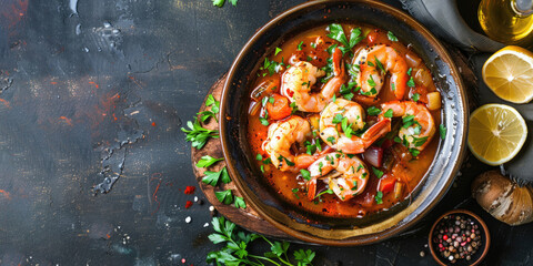 Moqueca fish and shrimp, a traditional dish of Brazilian cuisine. Stewed fish with shrimps, cooked in a delicious rich and aromatic broth. On a dark background.