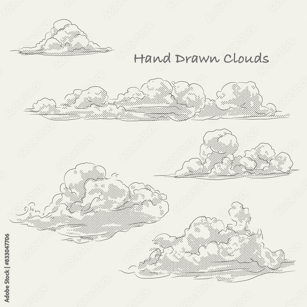 Wall mural hand drawn summer clouds with line and halftone pattern.