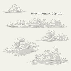 hand drawn summer clouds with line and halftone pattern.