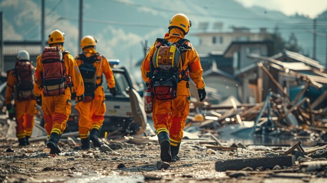 Rescue Team in Yellow and Orange Uniforms Walking Through Earthquake Ruins