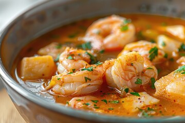 Moqueca fish and shrimp, a traditional dish of Brazilian cuisine. Stewed fish with shrimps. Close...