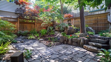 A beautiful small urban backyard garden featuring a tumbled paver patio flagstone stepping stones and a variety of trees shrubs