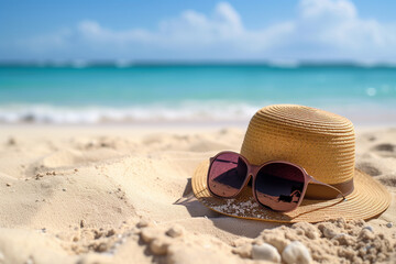Hat and sunglasses on the sandy beach. Summer background.


