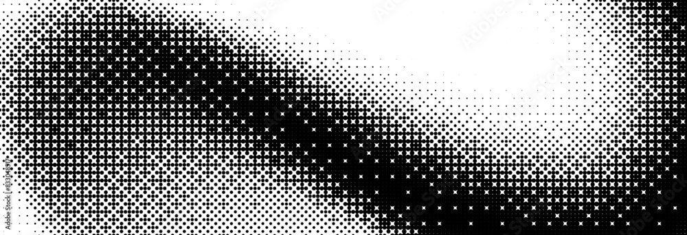 Aufkleber Bitmap grunge gradient texture background. Black and white pixelated dither wave pattern. Abstract glitchy 8 bit game wallpaper. Retro wide rasterized backdrop. Pixel art illustration. Vector