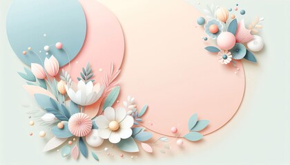 Elegant pastel floral arrangement with paper cut flowers leaves and decorative gold elements on pink background abstract botanical design