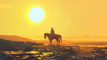  horseback riding, sunshine, pixel art, sand, handcrafted product photo