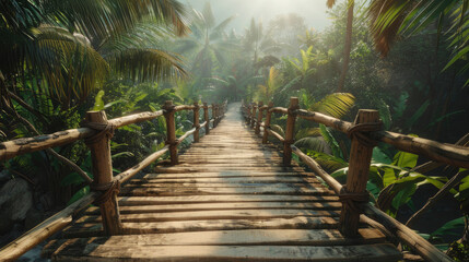 Old wooden bridge in the rainforest surrounded with tropical plants