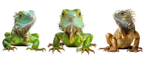 Set of Vivid Green Iguana with Sharp Claws and Scales, High Resolution Stock Image, Isolated on Transparent Background