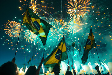 Brazilian Independence Day celebration with fireworks and national flag