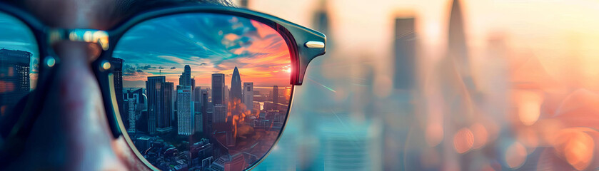 A person wearing sunglasses with a cityscape reflected in the lenses.