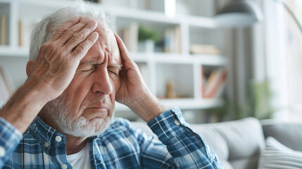 Senior man with headache sitting on a couch with hands on the head