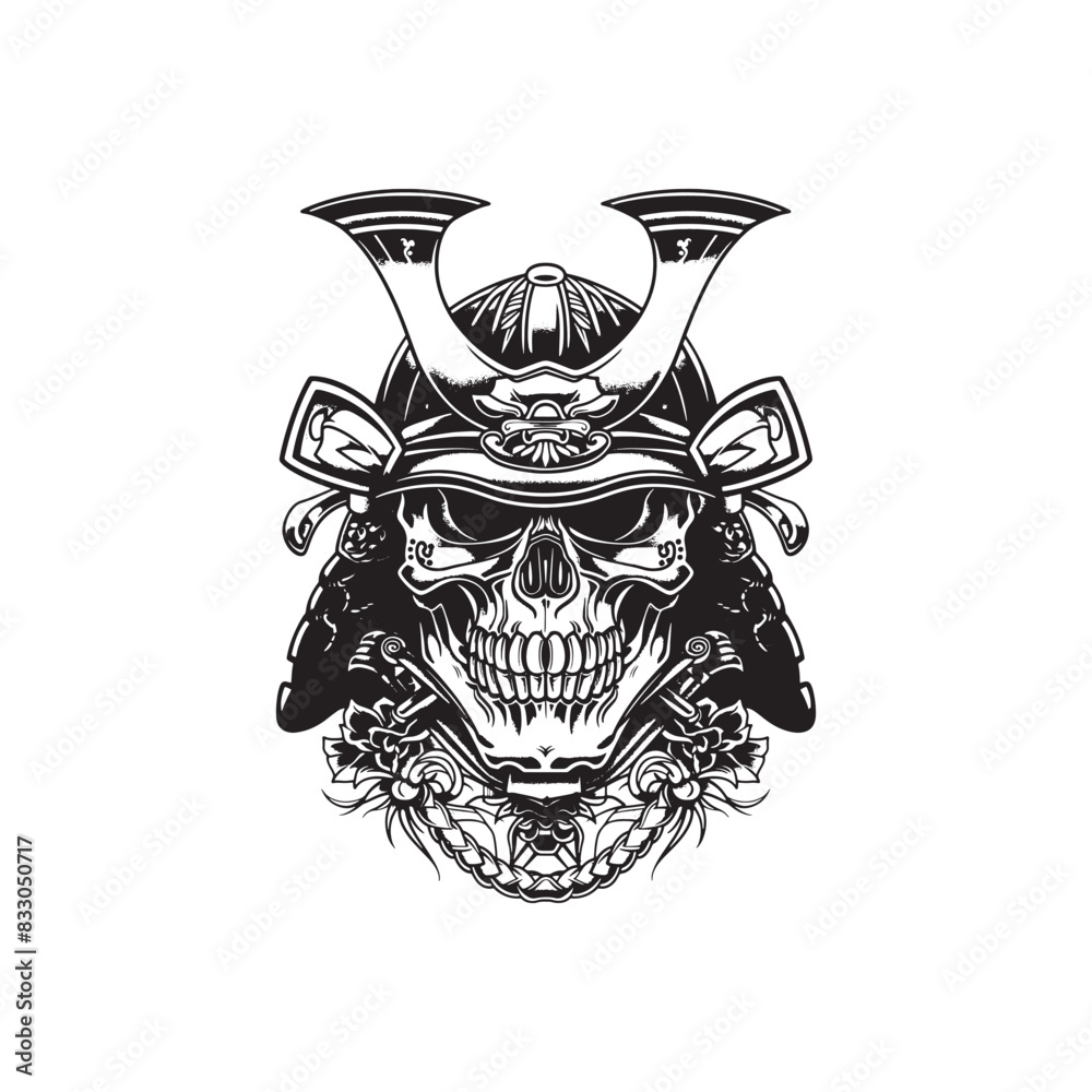 Sticker Black and white skull samurai vintage ink drawing vector illustration for t-shirt design