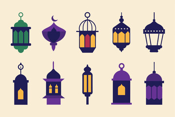 Set of Line Islamic Arabic Lantern Symbol Icon Collection Set vector