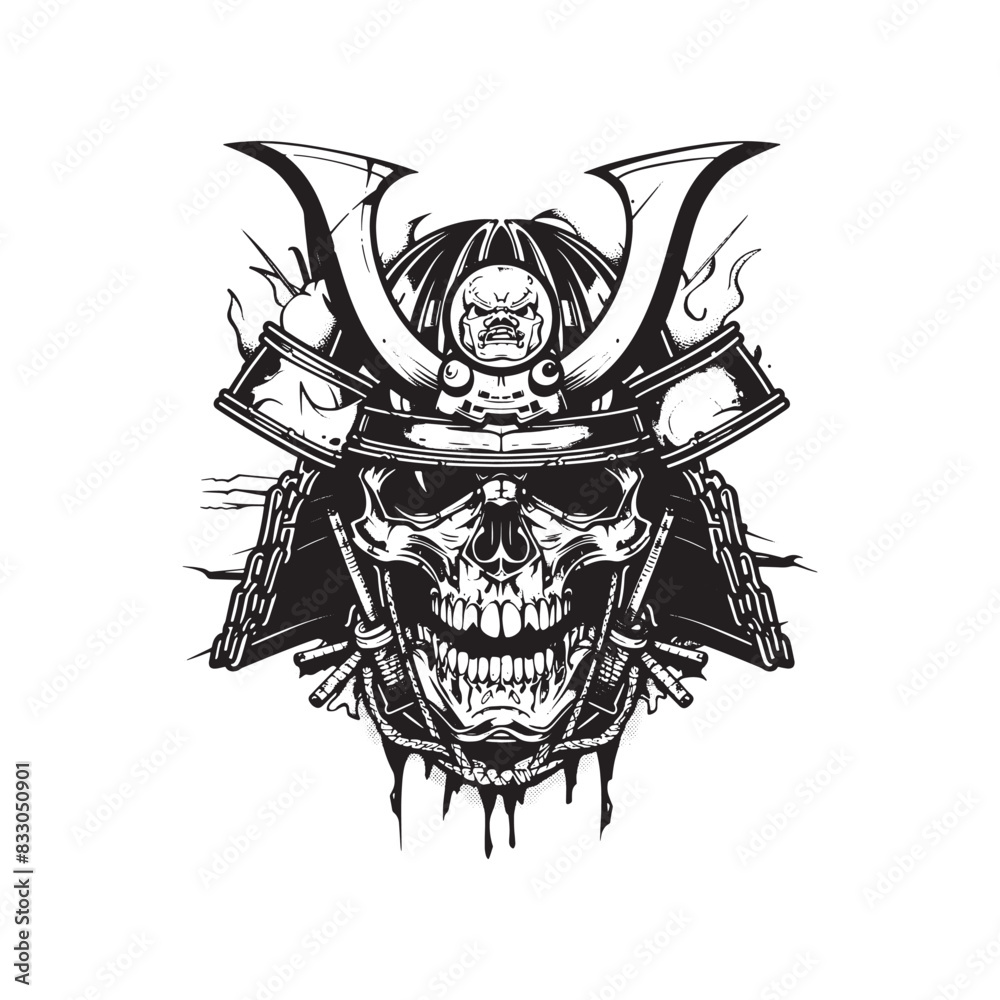 Sticker Black and white skull samurai vintage ink drawing vector illustration for t-shirt design