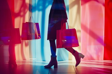 A woman walks with shopping bags in front of colorful, abstract lighting.