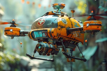 Futuristic medical drone flying through a bustling urban environment, equipped with advanced tech for emergency aid and transportation.