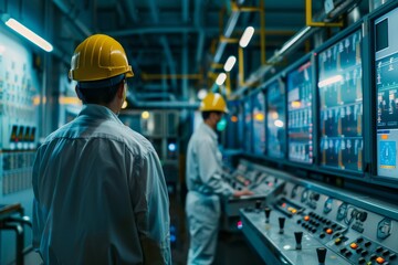 A detailed image of a hydroelectric dam's control room, with engineers monitoring the power generation process