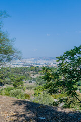 Fototapeta premium A scenic view of a city from a distance, framed by greenery and trees, in Athens, Greece