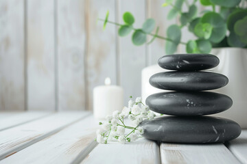 hot stone massage - spa beauty treatment items on white wooden table. copy space


