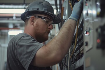 A focused electrician repairing a complex electrical panel in an industrial setting