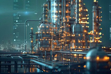 A futuristic rendering of an automated oil refinery with advanced robotic equipment and digital interfaces