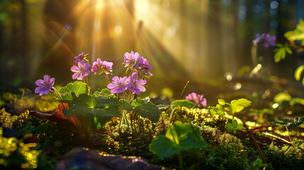 Obraz premium Purple wildflowers blooming in a sunlit forest with soft light